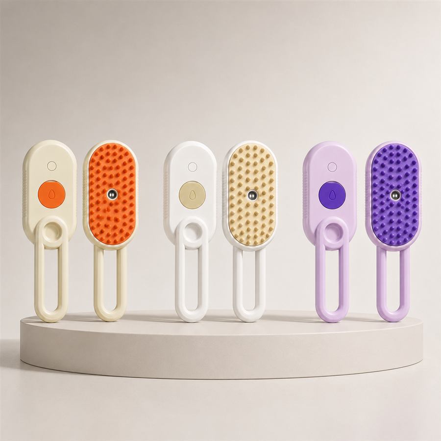 Calm Touch grooming brush duo in orange/cream, tan/white, and purple