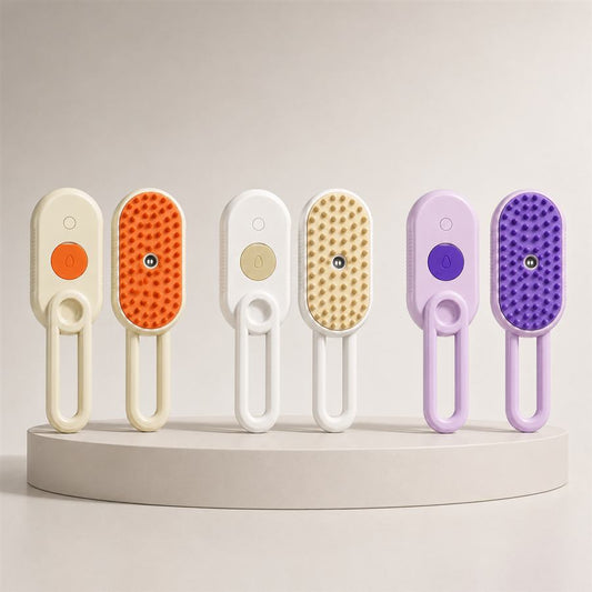 Calm Touch grooming brush duo in orange/cream, tan/white, and purple