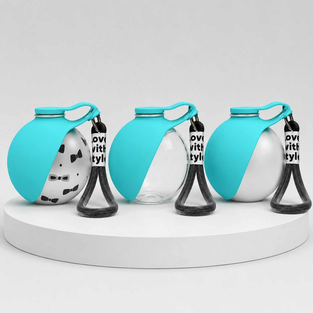 Companion Travel Bottle in clear, bow print, and silver teal