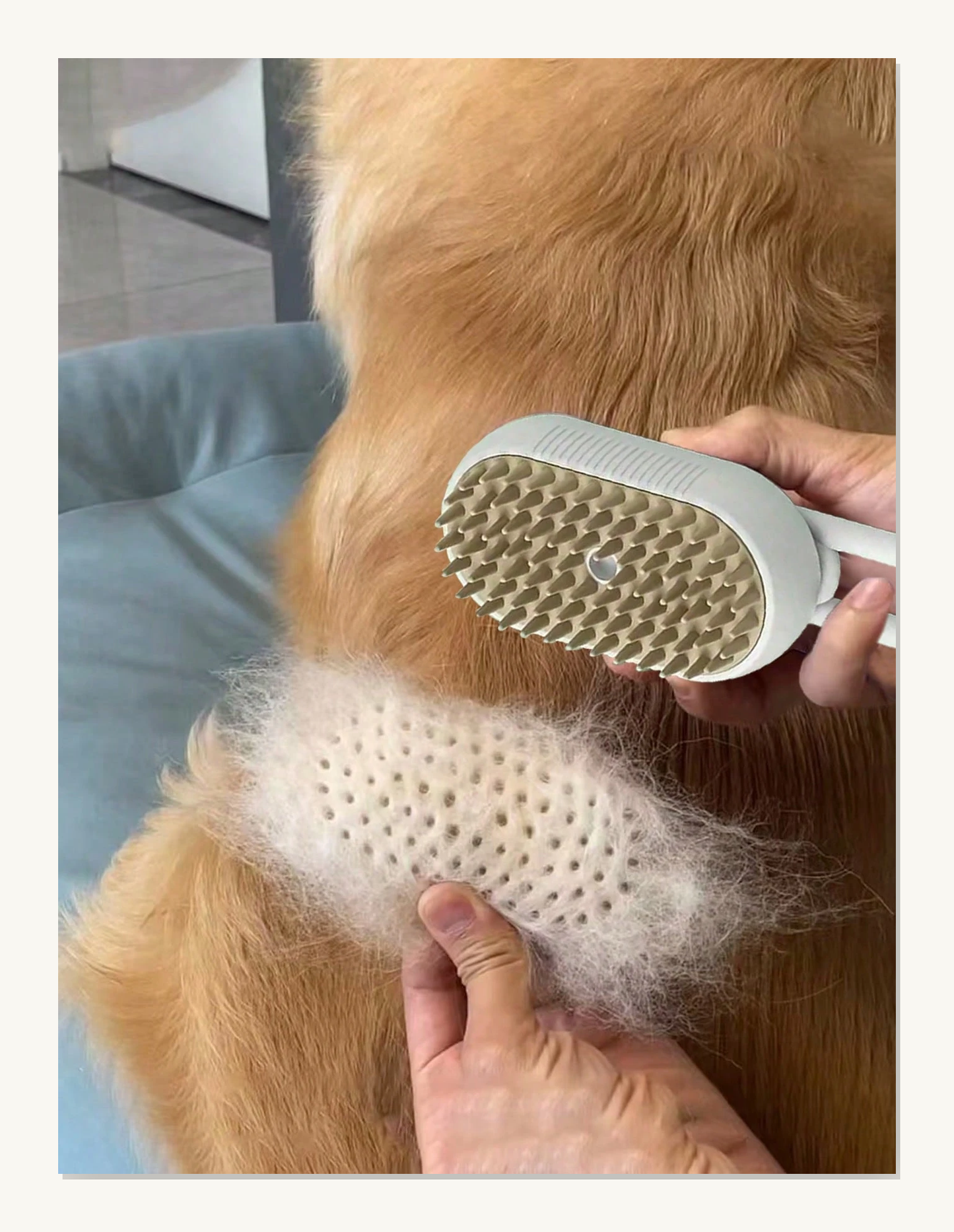 Calm Touch Grooming Duo removing loose fur from a dog