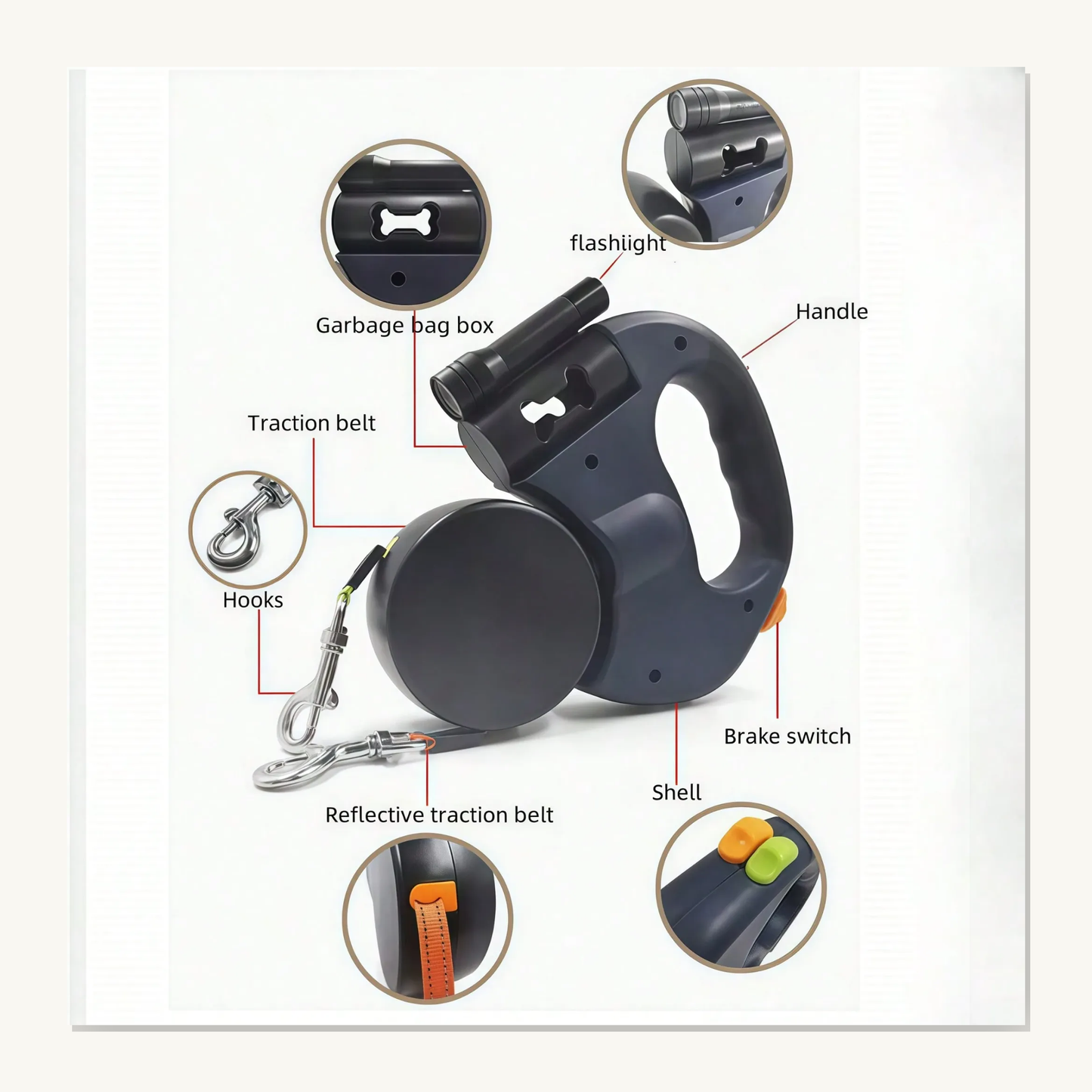Night Walker Pro Leash feature callouts: flashlight, bone-shaped bag holder, brake switch, reflective traction belt